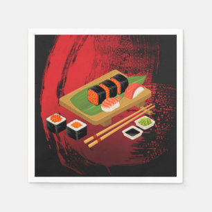 Chique Moderne Elegante Zwarte & Rode Sushi Feest Servetten