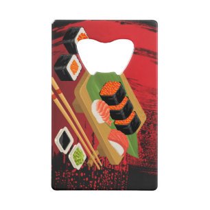 Chique Moderne Elegante Zwarte & Rode Sushi Kredietkaart Flessenopener