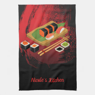Chique Moderne Elegante Zwarte & Rode Sushi Theedoek