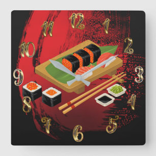 Chique Moderne Elegante Zwarte & Rode Sushi Vierkante Klok