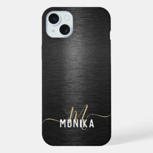 Chique moderne geborstelde metalen zwart goud mono iPhone 15 plus case