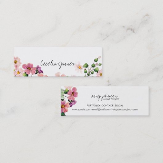 chique moderne make-up artiest waterverf roze bloe mini visitekaartje (Voorkant / Achterkant)