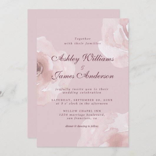 Chique Moderne Roze Roos Bloemige Paarse Bruiloft Kaart (Voorkant / Achterkant)