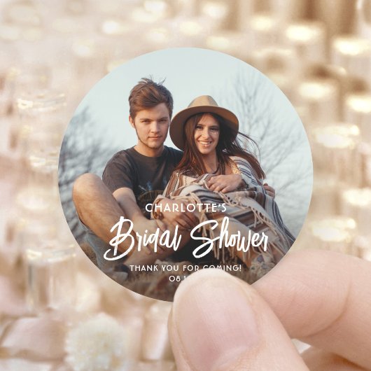 Chique moderne script- en fotobruids-shower bedank ronde sticker
