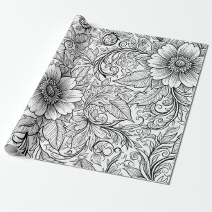 Chique monochrome bloemen luxe patroon (3) cadeaupapier