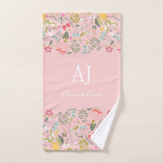 Chique monogram girly roze bloemenaangepaste naam bad handdoek (Handdoek)
