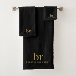 Chique Monogram Gouden Initialen Naam Zwart Bad Handdoek