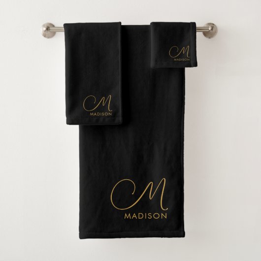 Chique Monogram Gouden Script Naam Zwart Bad Handdoek (Insitu)