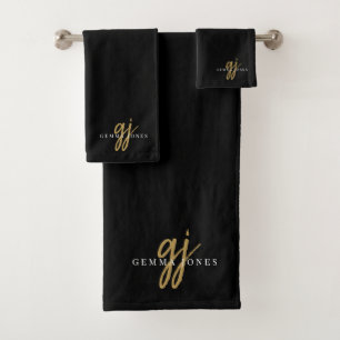 Chique Monogram Gouden Script Naam Zwart Bad Handdoek
