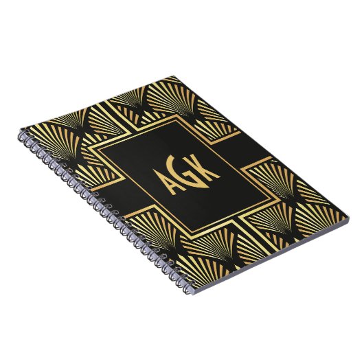 Chique Monogram Initialen Zwart en Goud Art Deco Notitieboek (Rechterzijde)