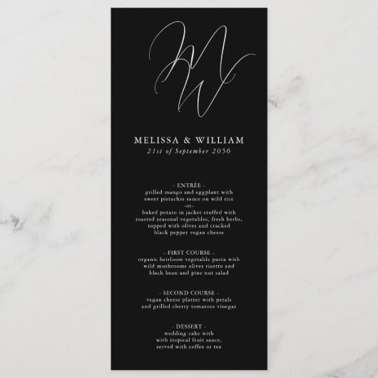 Chique Monogram Initialen Zwart Wit Bruiloft Menu (Voorkant)