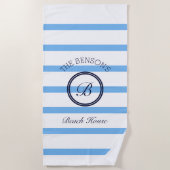Chique Monogram Licht Blauw Strepen Familienaam Strandlaken (Voorkant)