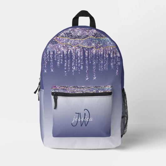 Chique Monogram Marmer Blauw Glitter Drips Bedrukte Rugzak (Voorkant)