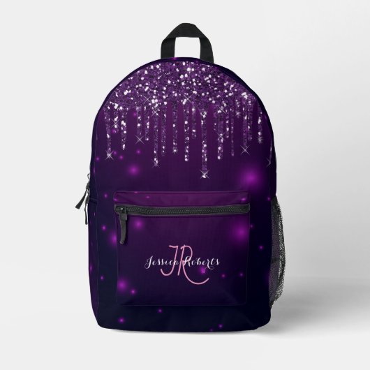 Chique Monogram Meisje Heet Paarse Glitter Drips Bedrukte Rugzak (Voorkant)