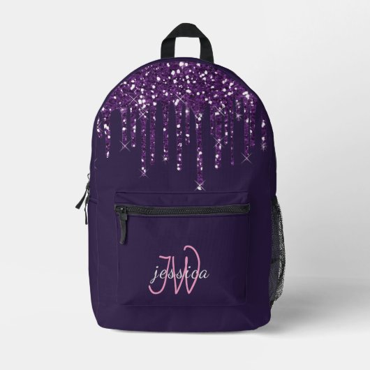 Chique Monogram Meisje Heet Paarse Glitter Drips Bedrukte Rugzak (Voorkant)