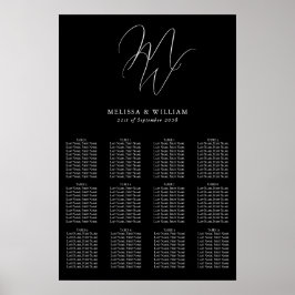 Chique Monogram Modern Zwart Bruiloft Zittingkaart Poster