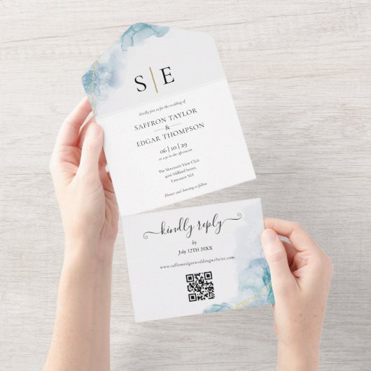 Chique Monogram QR Code Blauw Waterverf Trouwkaart All In One Uitnodiging (Afscheurbaar)