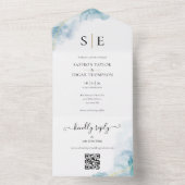 Chique Monogram QR Code Blauw Waterverf Trouwkaart All In One Uitnodiging (Binnen)
