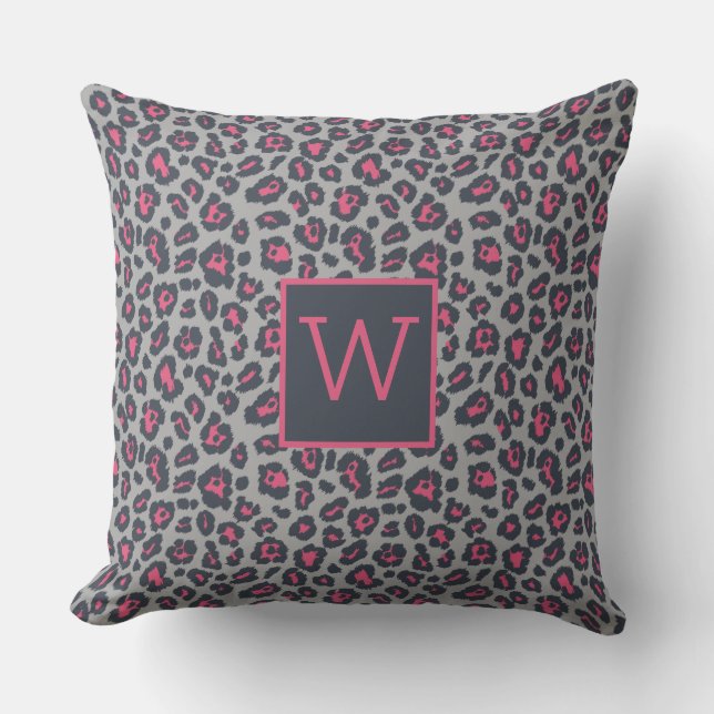 Chique Monogram Roze Grijs Luipaardprint Patroon Kussen (Voorkant)