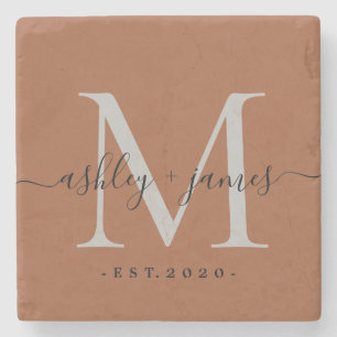Chique Monogram Schrift TerraCotta Namen Trouwdatu Stenen Onderzetter