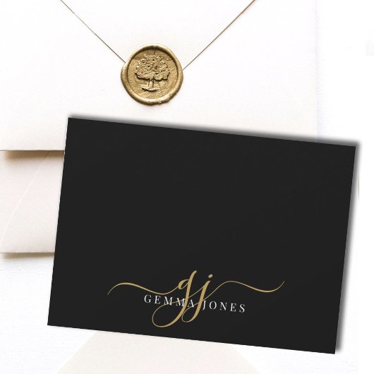 Chique Monogram Script Initialen Goud Zwart Notitiekaartje