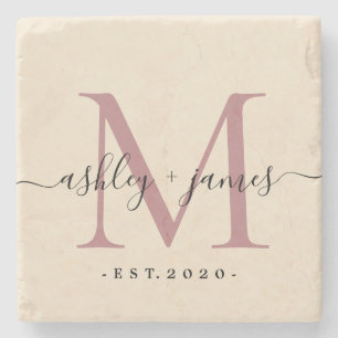 Chique monogram script namen huwelijksdatum ivoor  stenen onderzetter