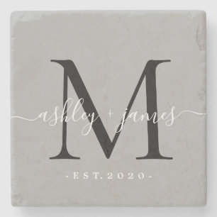 Chique monogram script namen trouwdatum grijs stenen onderzetter