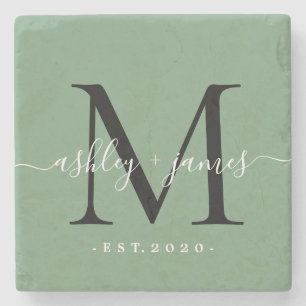 Chique monogram script namen trouwdatum groen stenen onderzetter
