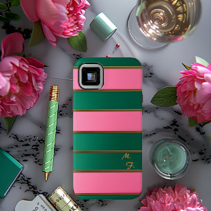 Chique monogram vet roze & groen, goud gestreept iPhone 15 mini hoesje