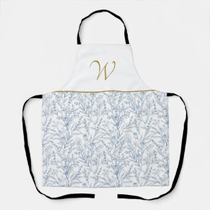 Chique Navy Blauw en Wit Botanisch Monogram Schort