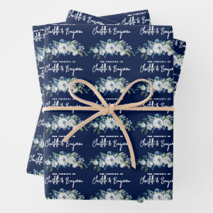 Chique Navy Blauw Wit Pioen Bloemen Aangepaste Bru Inpakpapier Vel