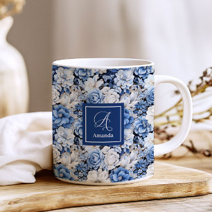 Chique Navy Blauwe Bloemen Aangepaste Naam Koffiem Koffiemok
