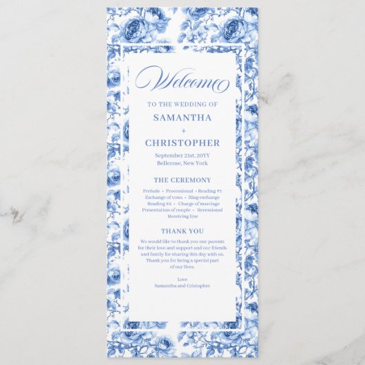 Chique Navy Blauwe Bloemstuk Toile Trouwprogramma Programma (Voorkant)
