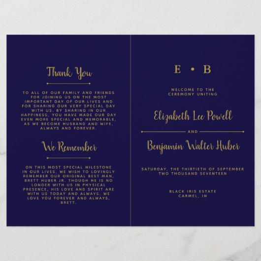 Chique Navy Blauwe & Gouden Huwelijksprogramma Sja (Voorkant)