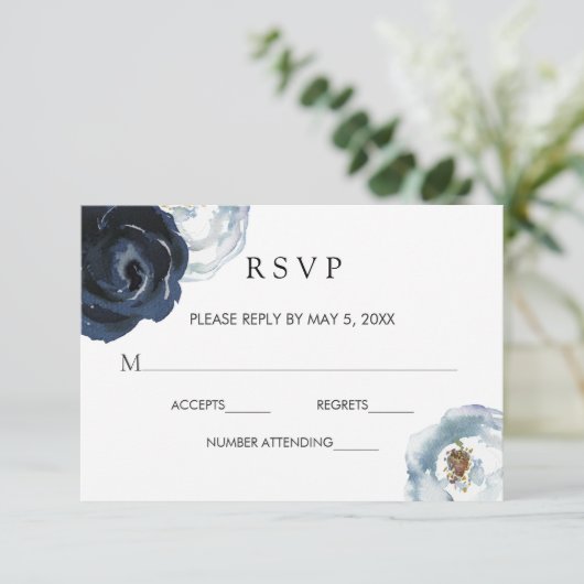 Chique Navy Blauwe Pioen Bloemen Bruiloft RSVP Kaa (Staand voorkant)