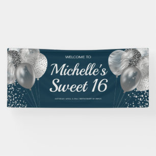 Chique Navy Blauwe Zilveren Glitter Ballonnen Swee Spandoek