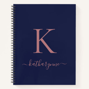 Chique Navy Blue Roos Goud Roze Monogram Naam Notitieboek