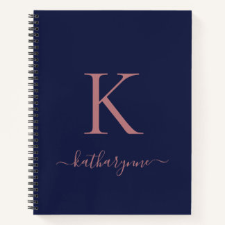 Chique Navy Blue Roos Goud Roze Monogram Naam Notitieboek