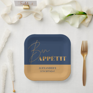 Chique Navy en Goud Bon Appétit Script Verjaardag Papieren Bordje