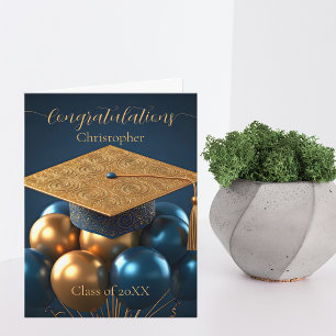 Chique Navy en gouden afstudeerdop en ballonnen Kaart