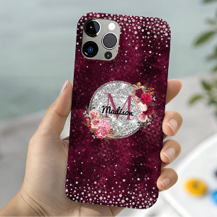 Chique nep zilver glinster burgundy bloem initiale iPhone 13 hoesje