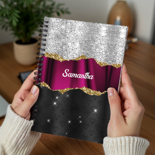 Chique nep zilver glitters Fuchsia zwarte monogram Notitieboek
