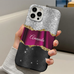 Chique nep zilver glitters Roze zwarte monogram iPhone 13 Hoesje