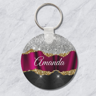 Chique nepsilver glinster Fuchsia zwarte monogram Sleutelhanger
