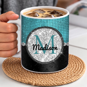 Chique nepsilver glitter turquoise zwarte monogram koffiemok