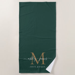 Chique Nieuwgetrouwd Goud Monogram Script Donkergr Strandlaken