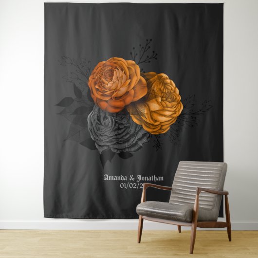 Chique Oranje en Zwarte Gotische Trouwthema Wandkleed (In situ)