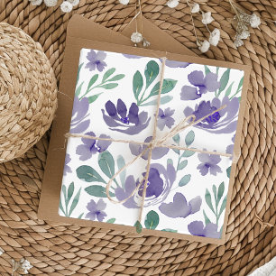 Chique paarse bloem- en bladwatercolorpatroon inpakpapier vel