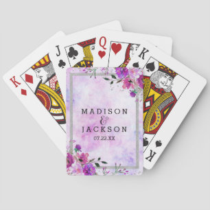 Chique paarse bloem en zilveren lijst bruiloft cad pokerkaarten