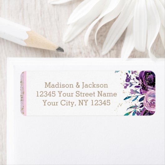 Chique Paarse Bloemen & Goud Bruiloft Retouradres Etiket (Insitu)